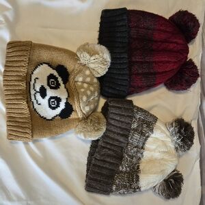 Kids Panda and Pom-Pom Knit Beanie Set